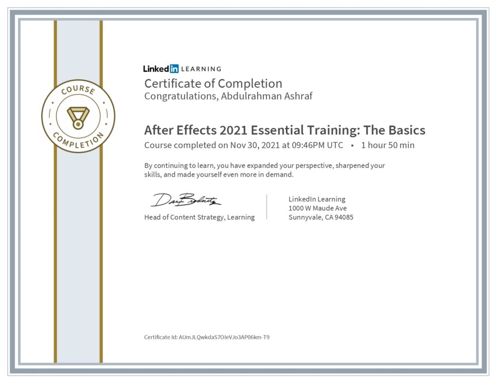 Certificate Of Completion After Effects 2021 Essential Training The Basics "Linked-In Learning"