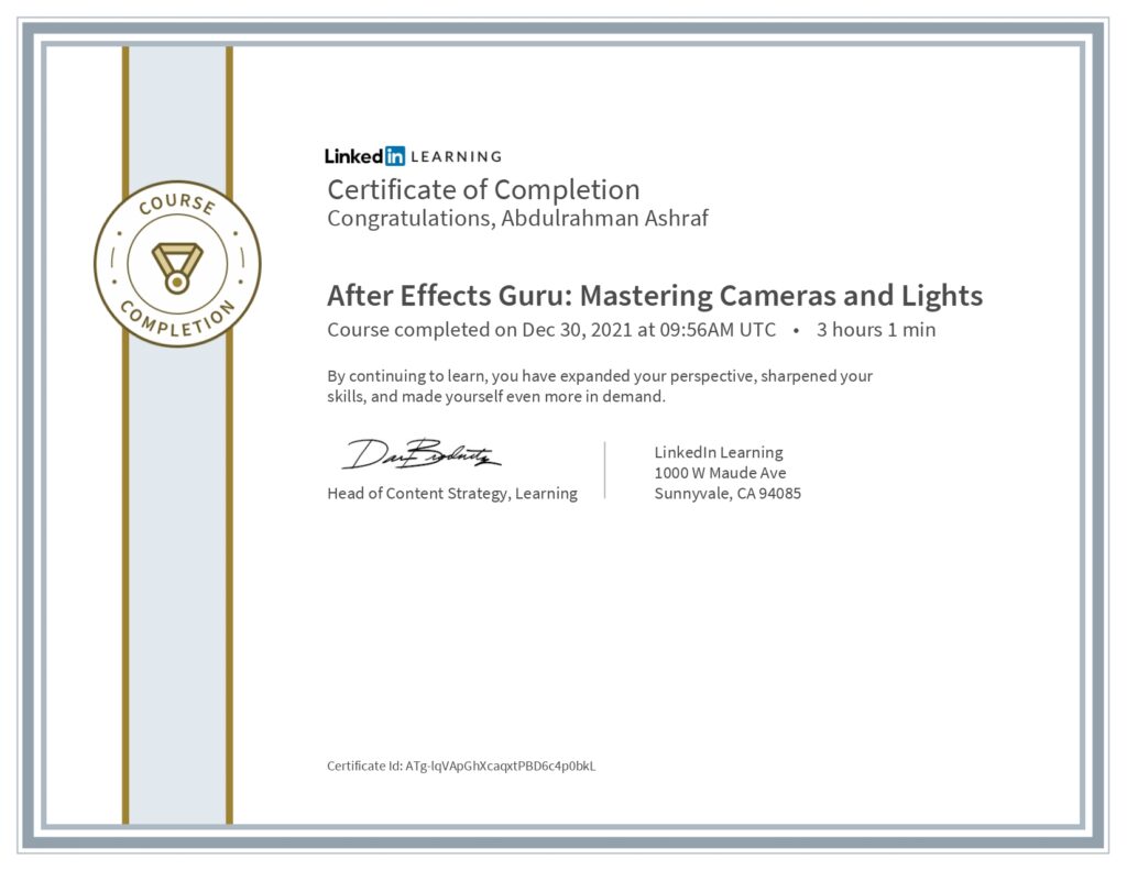 Certificate Of Completion After Effects Guru Mastering Cameras and Lights "Linked-In Learning"